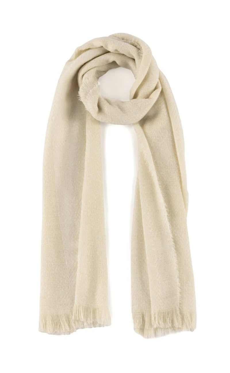 Belle Scarf in green with subtle lurex thread and raw tufted hem, from SHIRALEAH at HCO collection