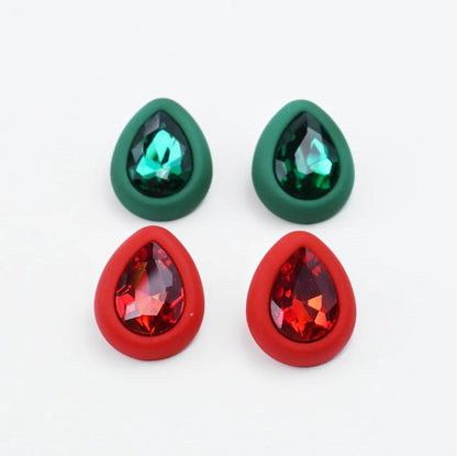 Simply Solid Stud Earring with teardrop green and red crystals in matte settings by TREASURE JEWELS
