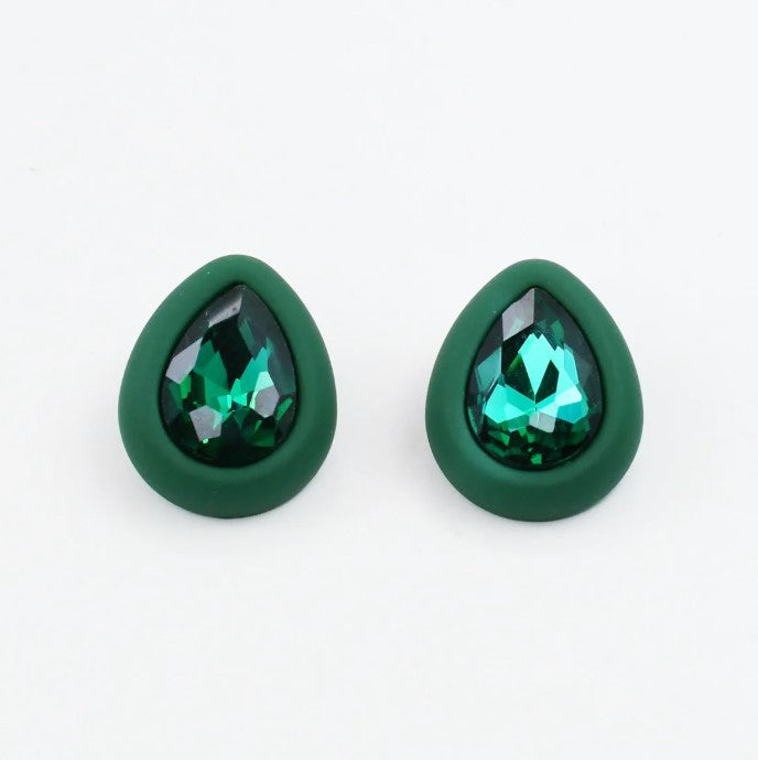 Simply Solid Stud Earring with teardrop green crystals set in matte frames by TREASURE JEWELS