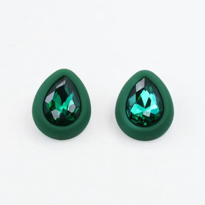Simply Solid Stud Earring with teardrop green crystals set in matte frames by TREASURE JEWELS