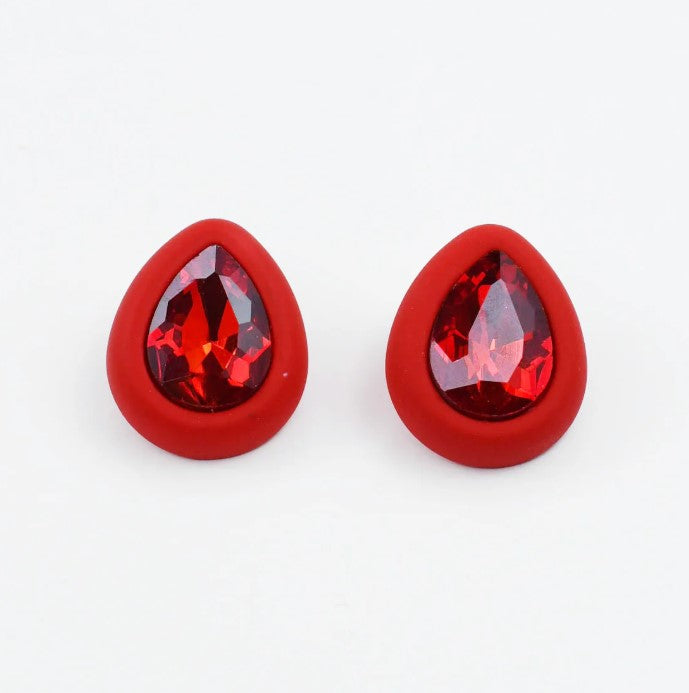 Simply Solid Stud Earring with bold teardrop red crystals in matte settings by TREASURE JEWELS