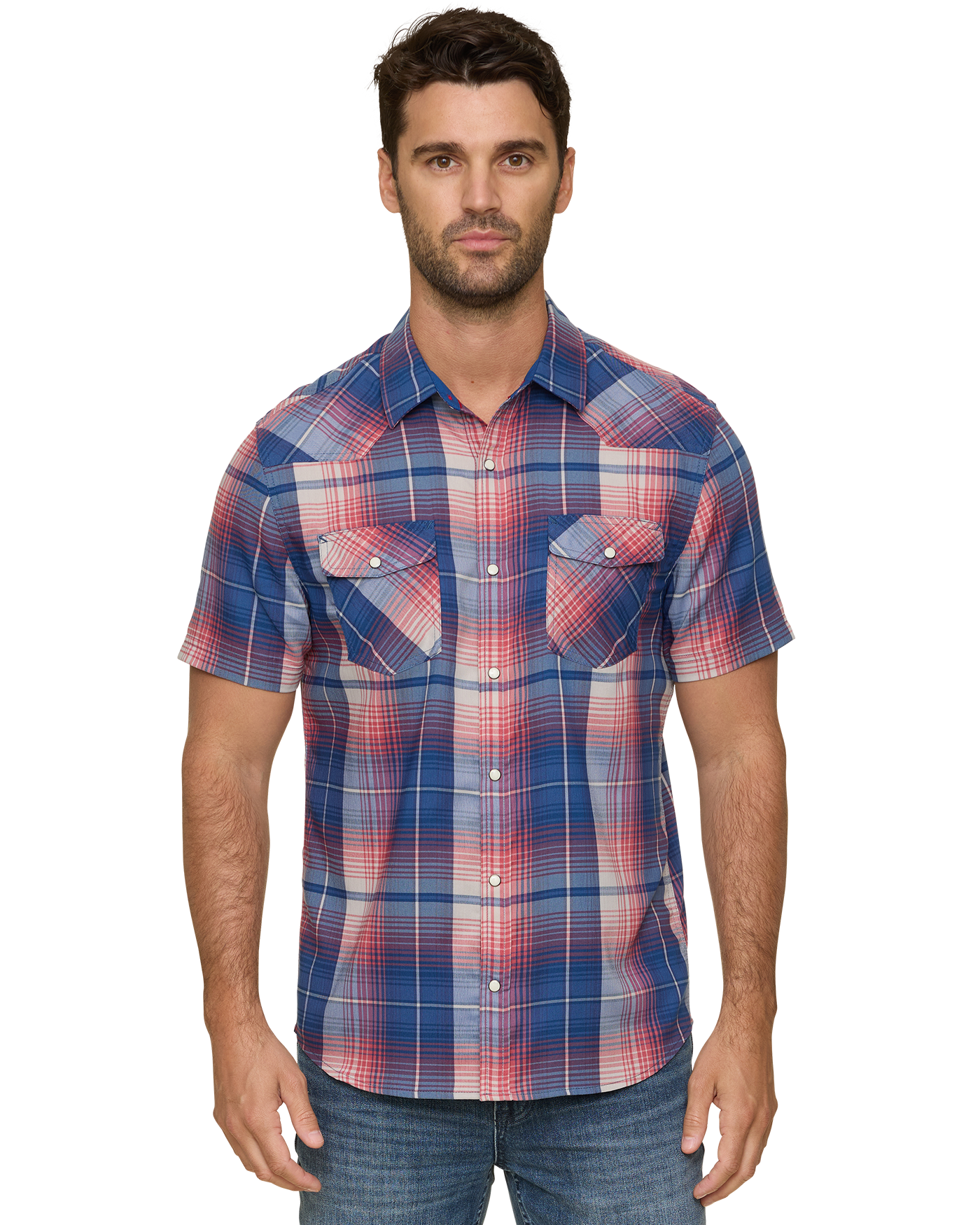 Hurst SS Outdoor Performance Western Shirt in navy red white plaid, moisture-wicking fabric
