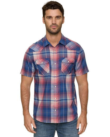 Hurst SS Outdoor Performance Western Shirt in navy red white plaid, moisture-wicking fabric