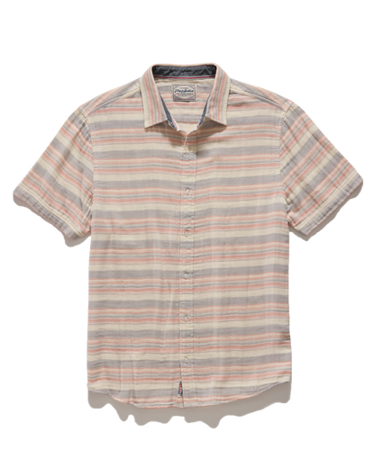 Alameda SS Stripe Shirt in soft breathable cotton with muted cream, grey, and pink stripes