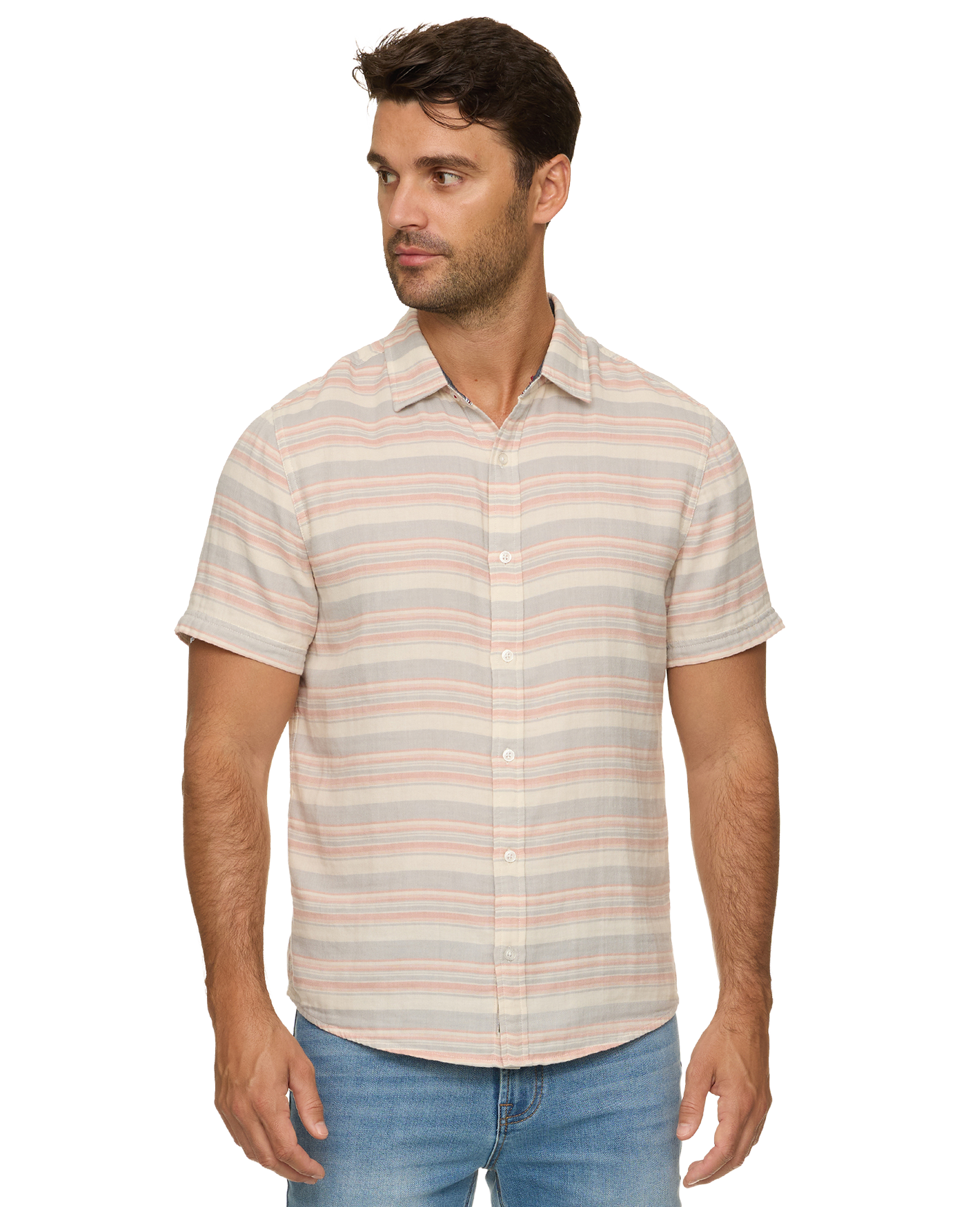Alameda SS Stripe Shirt in soft breathable cotton with cream and muted pink stripes