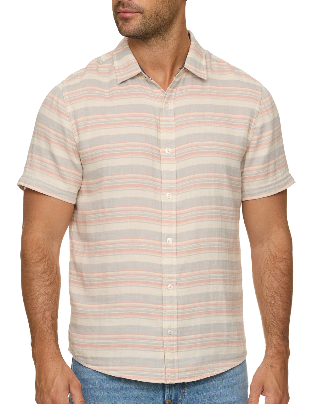 Alameda SS Stripe Shirt in soft breathable cotton with cream, grey, and pink stripes