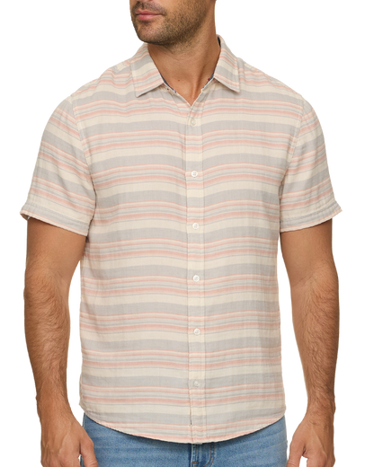 Alameda SS Stripe Shirt in soft breathable cotton with cream, grey, and pink stripes