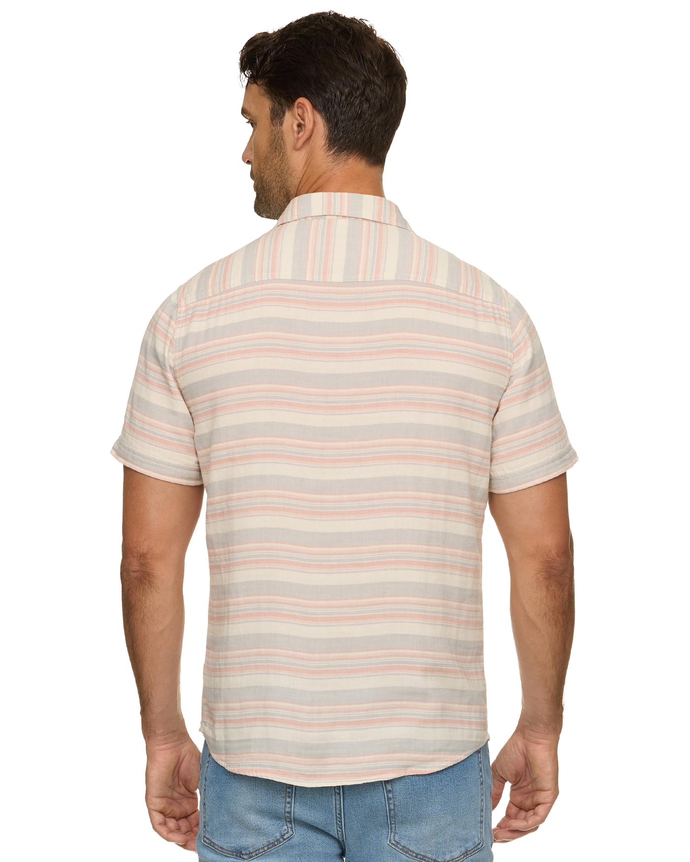 Alameda SS Stripe Shirt in soft breathable cotton with cream, grey, and muted pink stripes by FLAG & ANTHEM