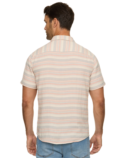 Alameda SS Stripe Shirt in soft breathable cotton with cream, grey, and muted pink stripes by FLAG & ANTHEM