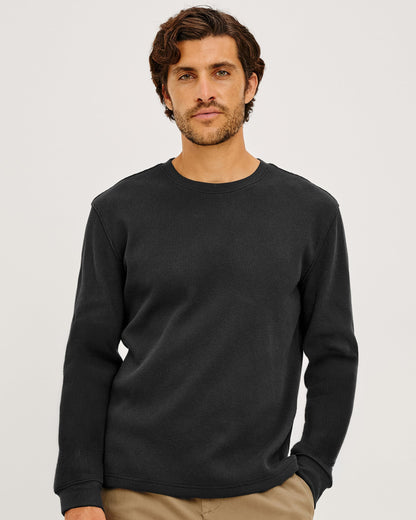 Smith Thermal - Onyx black midweight cotton blend pullover with ribbed crew neck by RAILS