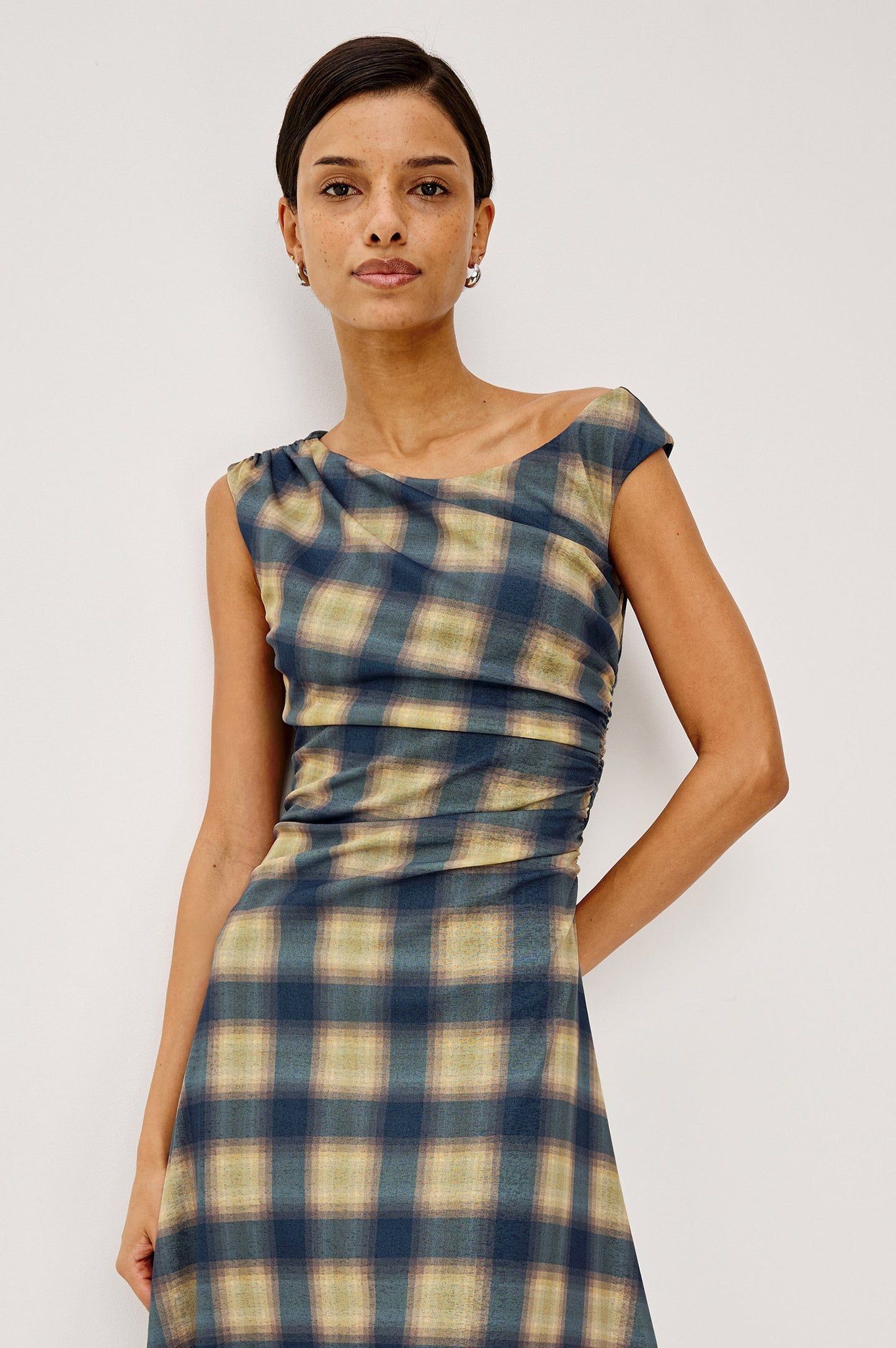 Sorra - Navy Sage Plaid dress by RAILS with side ruching in Women’s Dresses & Jumpsuits collection