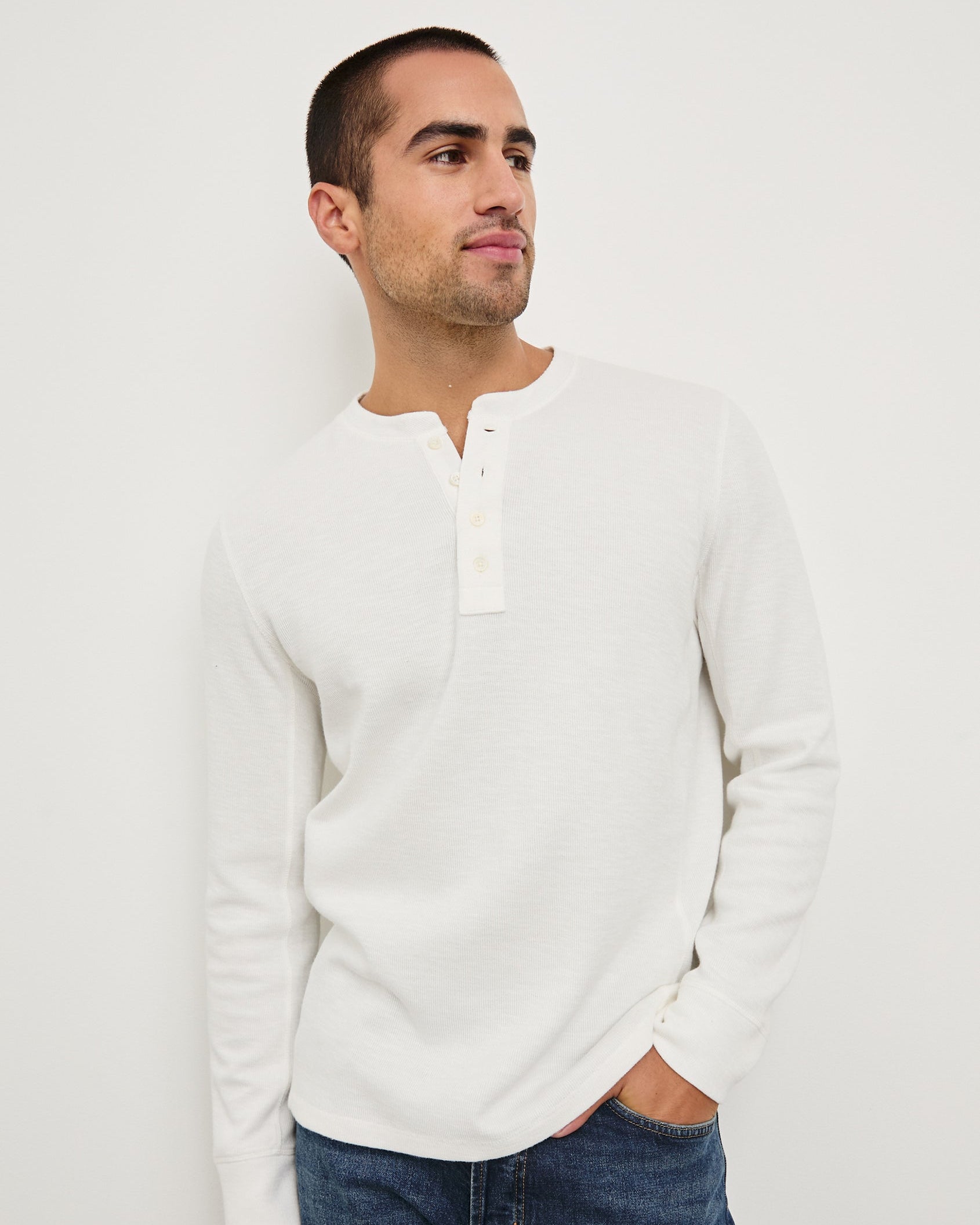 Soto Henley - Whitecap in soft cotton modal rib fabric, long sleeve men's shirt by RAILS