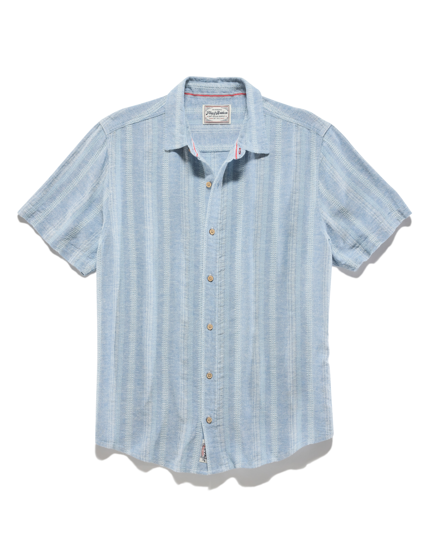 Oceanside SS Linen Blend Shirt - Light Blue striped breathable fabric by FLAG & ANTHEM