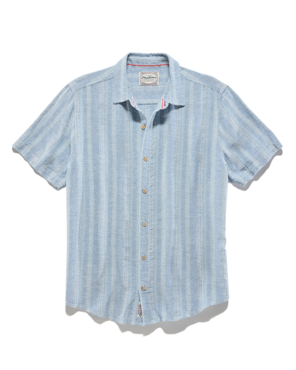Oceanside SS Linen Blend Shirt - Light Blue striped breathable fabric by FLAG & ANTHEM