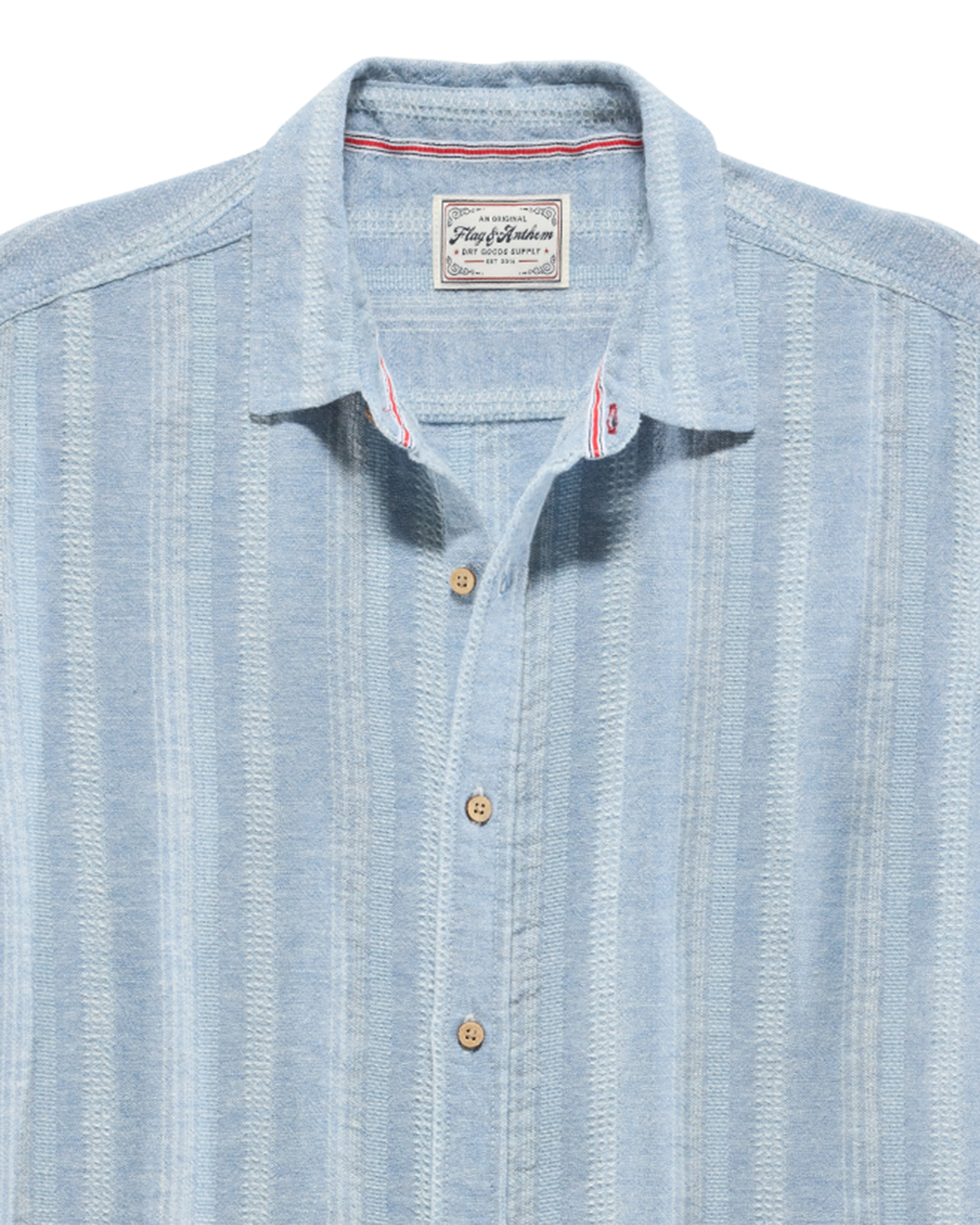 Oceanside SS Linen Blend Shirt - Light Blue striped breathable fabric by FLAG & ANTHEM
