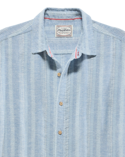 Oceanside SS Linen Blend Shirt - Light Blue striped breathable fabric by FLAG & ANTHEM