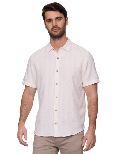 Oceanside SS Linen Blend Shirt - White by FLAG & ANTHEM in breathable linen fabric