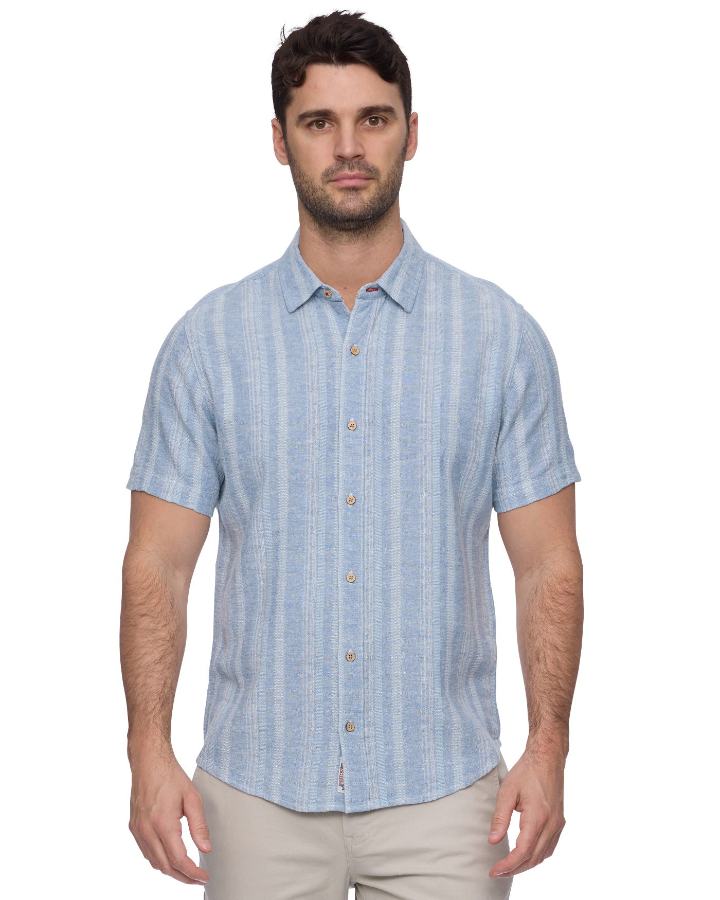 Oceanside SS Linen Blend Shirt - Light Blue striped short sleeve by FLAG & ANTHEM