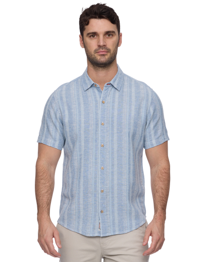 Oceanside SS Linen Blend Shirt - Light Blue striped short sleeve by FLAG & ANTHEM