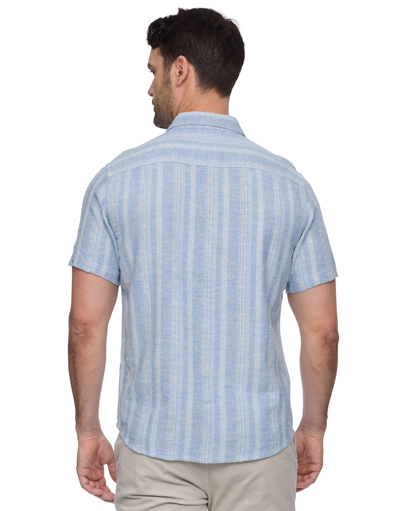 Oceanside SS Linen Blend Shirt - Light Blue striped breathable fabric by FLAG & ANTHEM