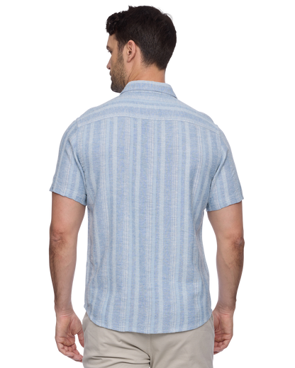 Oceanside SS Linen Blend Shirt - Light Blue striped breathable fabric by FLAG & ANTHEM