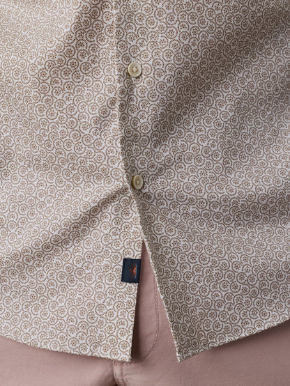 SS Movement Monterey Shirt - Wood Sunray Block by FAHERTY, beige geometric men's short sleeve