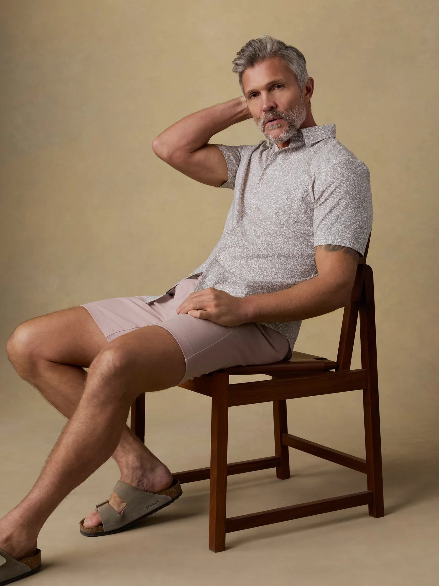 SS Movement Monterey Shirt - Wood Sunray Block, beige geometric short sleeve from Faherty, men's wear