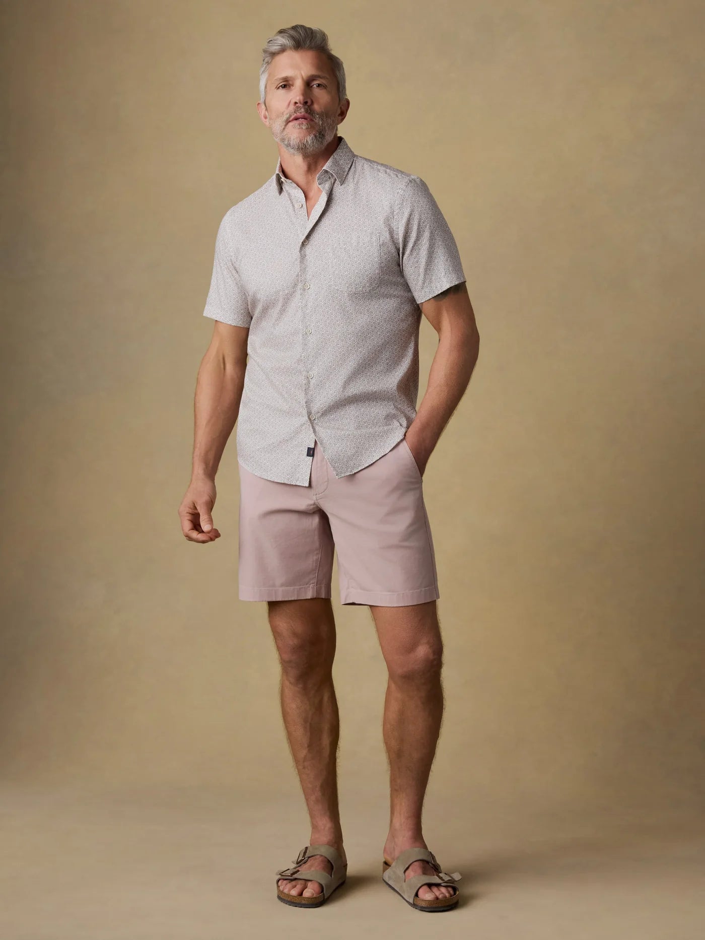 SS Movement Monterey Shirt - Wood Sunray Block, beige geometric short sleeve, lightweight seasonal wear
