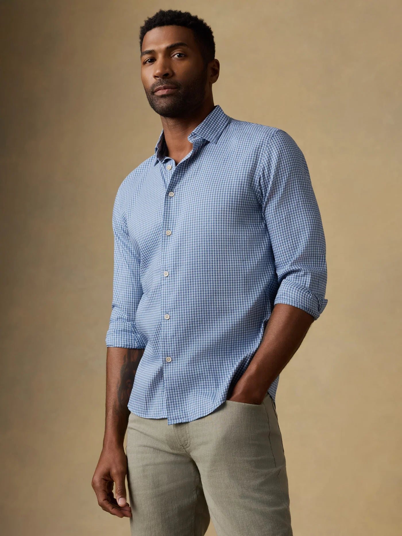 Movement Monterey Shirt - White Blue Check, breathable stretch cotton, men's long sleeve by FAHERTY