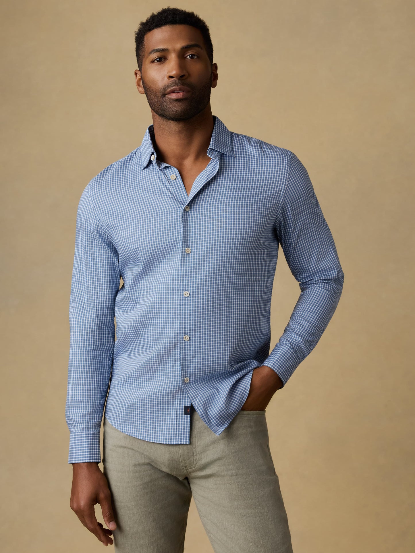 Movement Monterey Shirt - White Blue Check, breathable stretch cotton men's long sleeve by FAHERTY