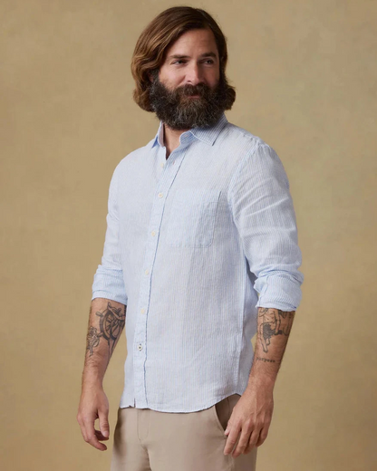 Laguna Linen Shirt - Summer Classic Stripe breathable long sleeve by FAHERTY, curated Fredericksburg TX