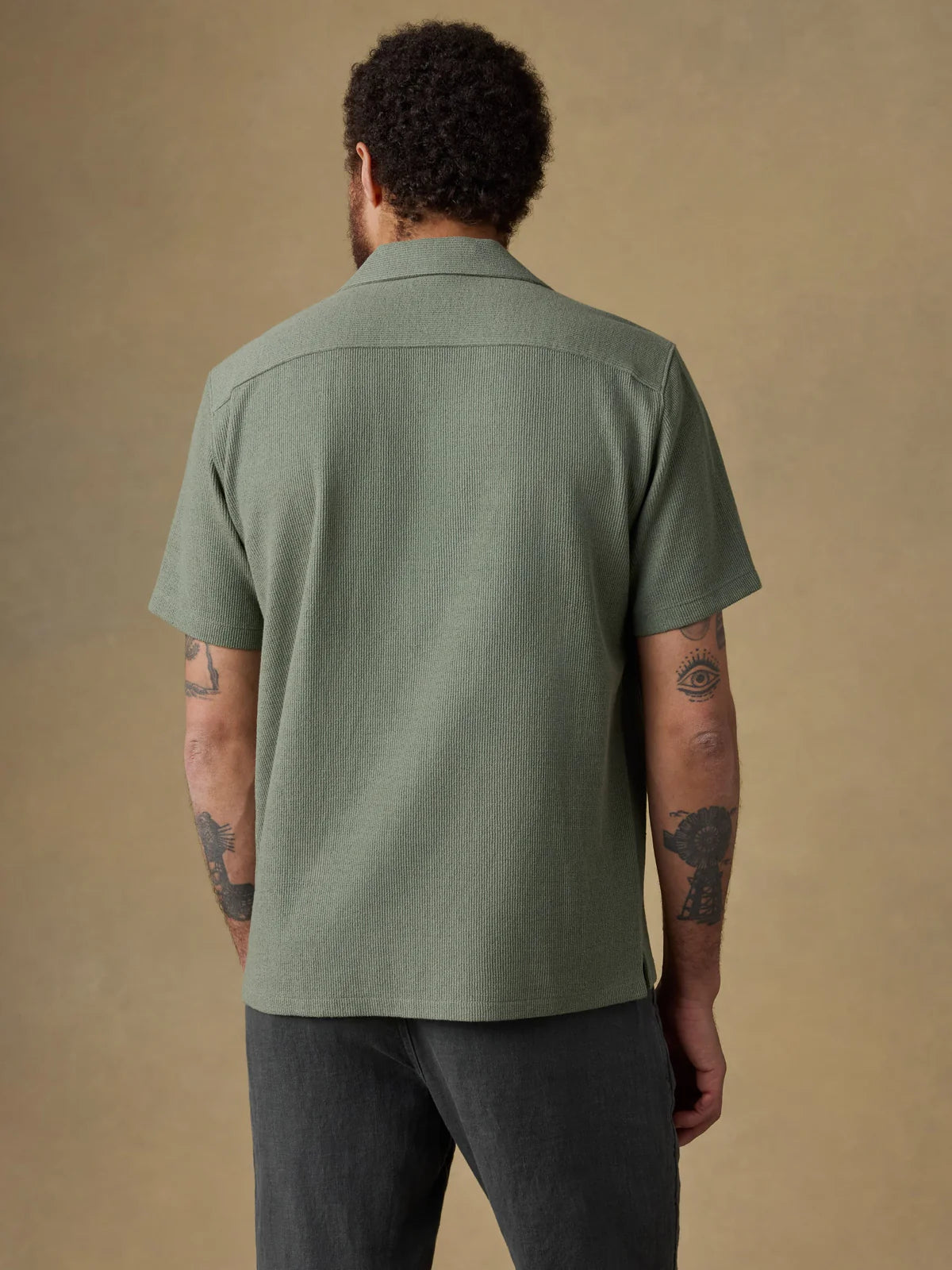 SS Oasis Camp Shirt - Faded Spruce, green textured jacquard knit men's shirt by FAHERTY