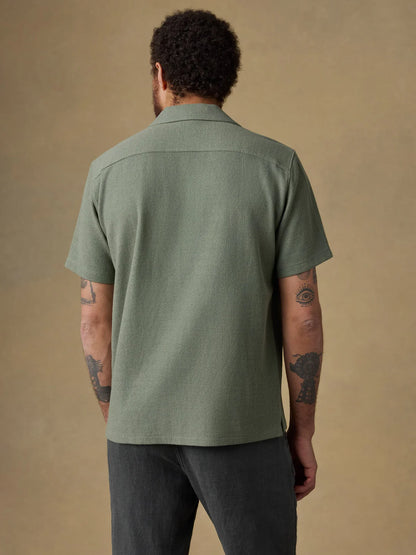 SS Oasis Camp Shirt - Faded Spruce, green textured jacquard knit men's shirt by FAHERTY