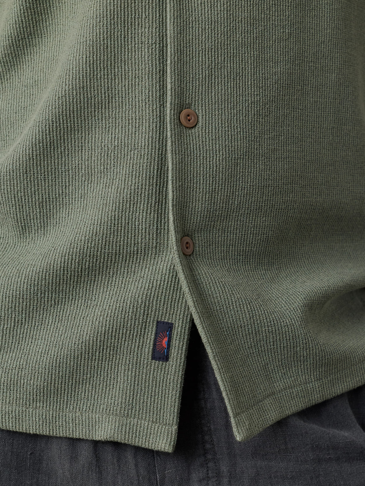 SS Oasis Camp Shirt - Faded Spruce, textured green jacquard knit men's shirt by FAHERTY at HCO