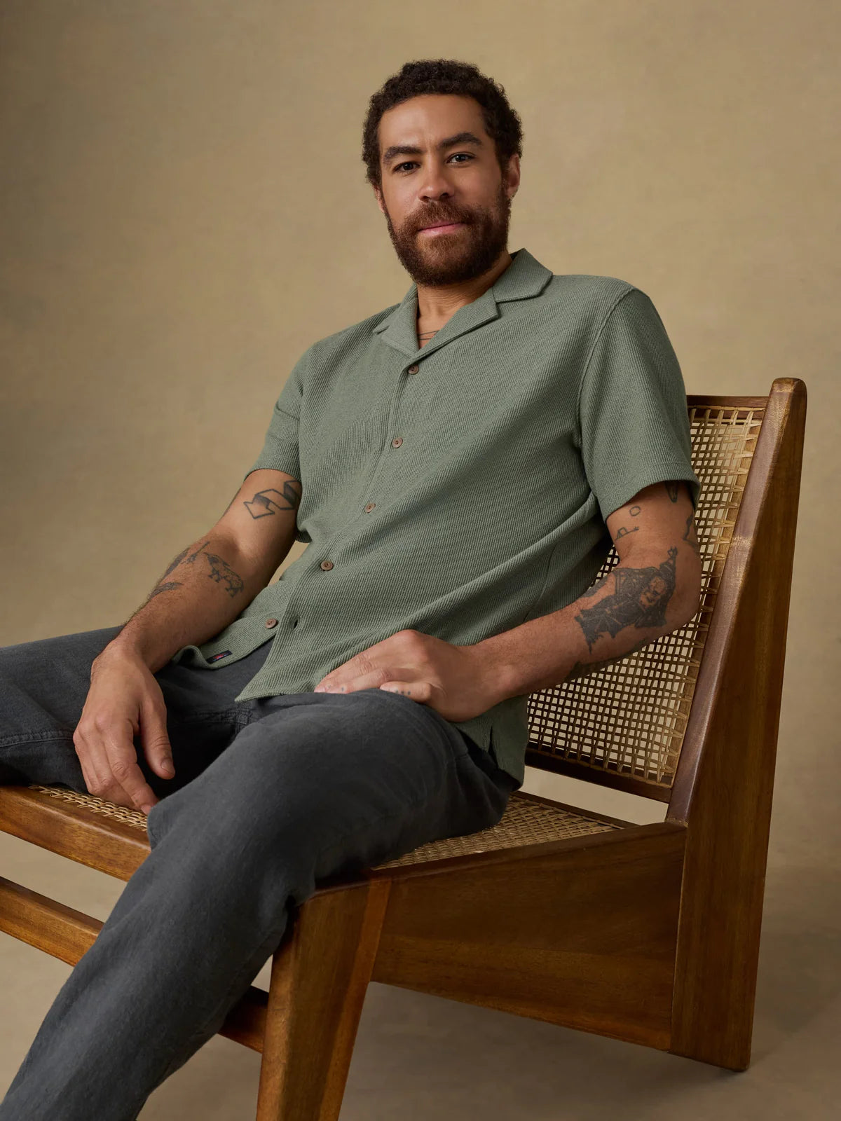 SS Oasis Camp Shirt - Faded Spruce, textured green jacquard knit men's shirt by FAHERTY