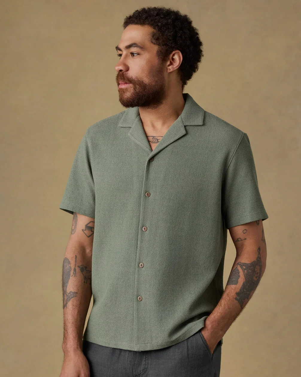 SS Oasis Camp Shirt - Faded Spruce, green jacquard knit men's short sleeve by FAHERTY at HCO FBG
