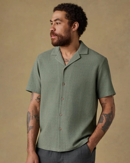 SS Oasis Camp Shirt - Faded Spruce, green jacquard knit men's short sleeve by FAHERTY at HCO FBG