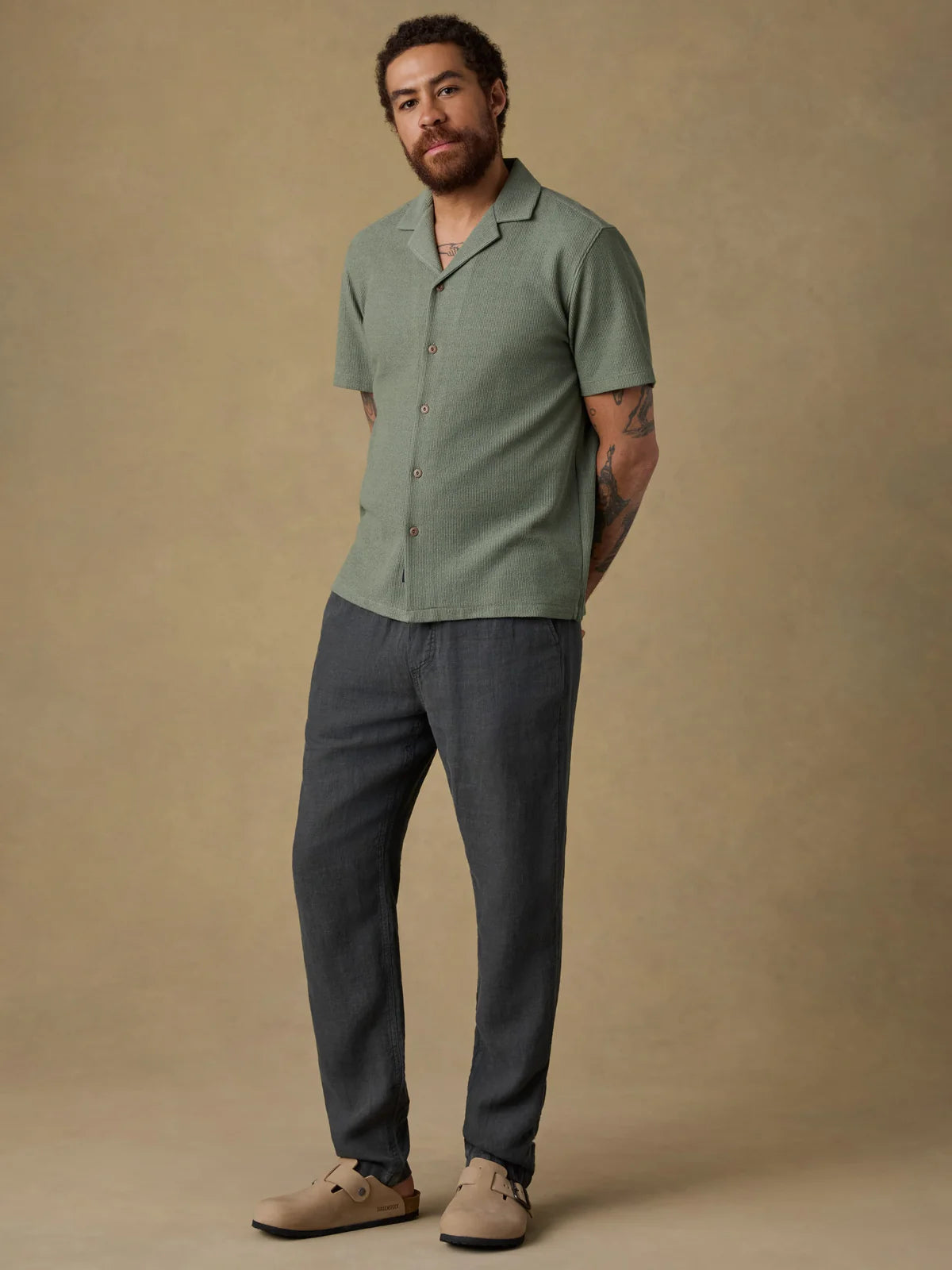 SS Oasis Camp Shirt - Faded Spruce, green textured jacquard knit men's shirt by FAHERTY at HCO