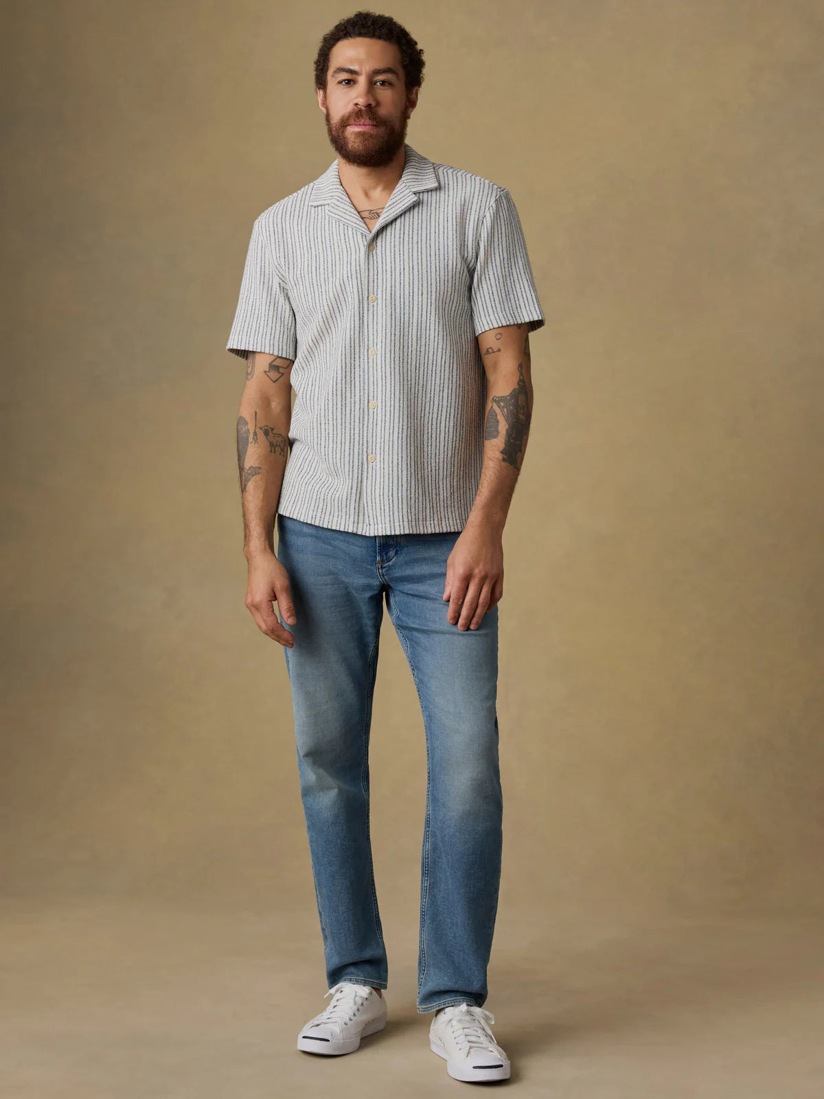 SS Oasis Camp Shirt - Shore Navy Stripe, textured striped jacquard knit men's shirt by FAHERTY
