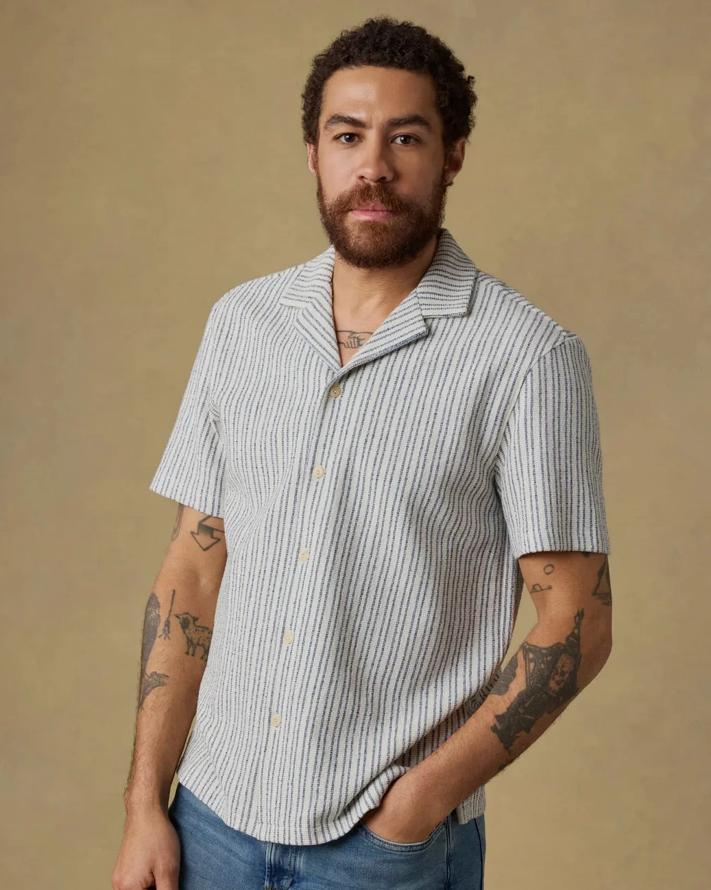 SS Oasis Camp Shirt - Shore Navy Stripe, relaxed cotton jacquard knit men's short sleeve by FAHERTY