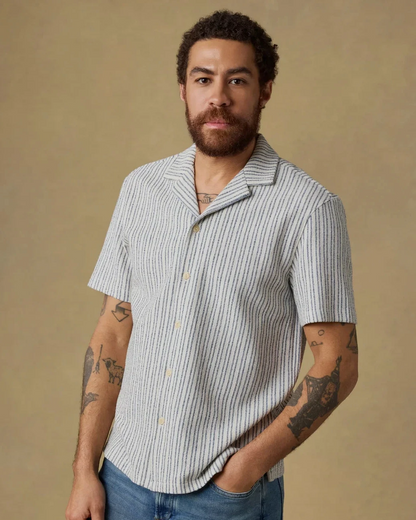 SS Oasis Camp Shirt - Shore Navy Stripe, relaxed cotton jacquard knit men's short sleeve by FAHERTY
