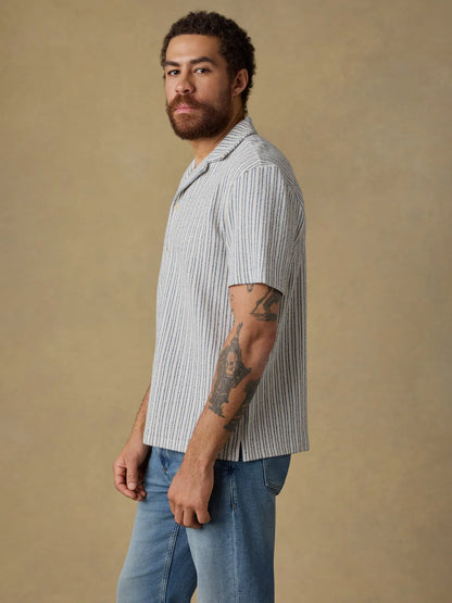 SS Oasis Camp Shirt - Shore Navy Stripe, striped textured jacquard knit men's shirt by FAHERTY