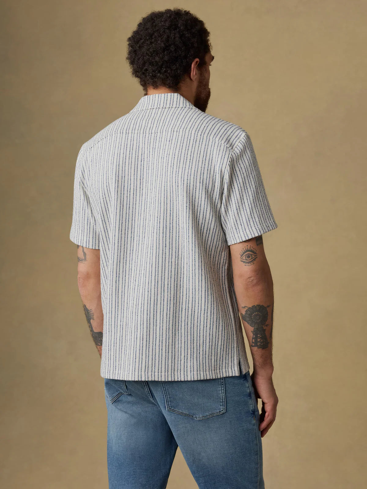 SS Oasis Camp Shirt - Shore Navy Stripe, striped textured jacquard knit men's shirt by FAHERTY