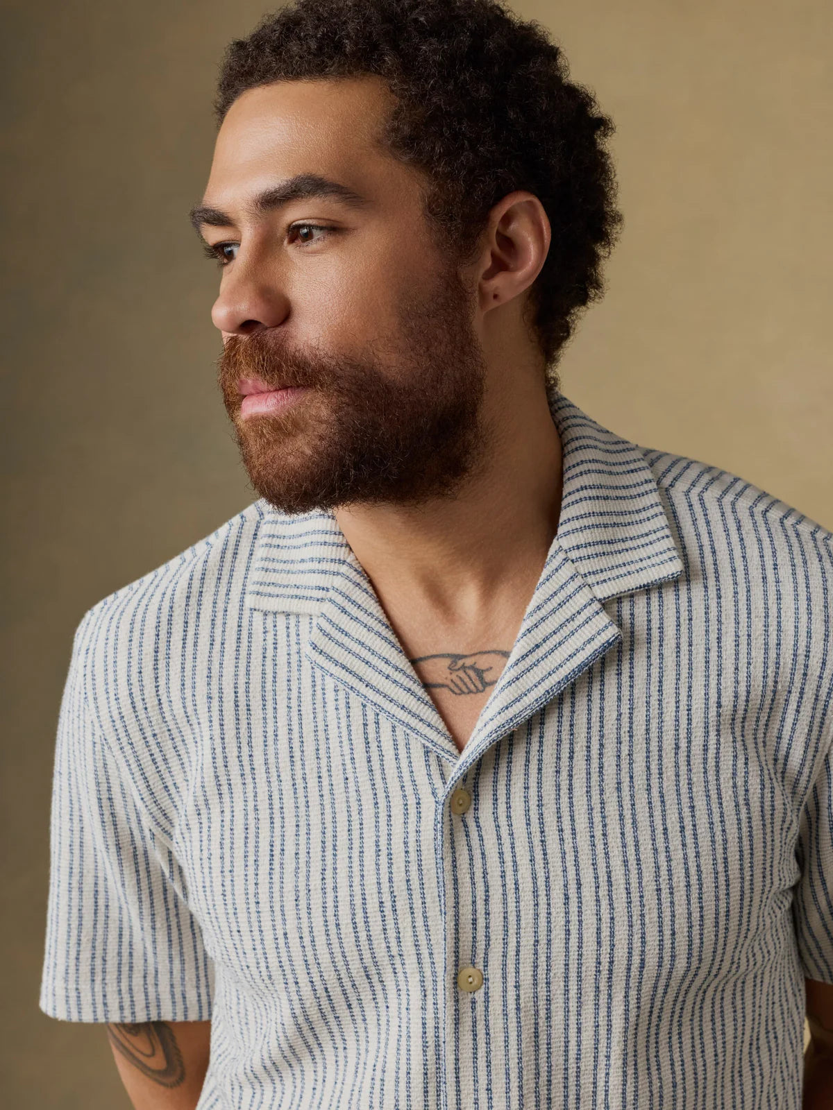 SS Oasis Camp Shirt - Shore Navy Stripe, textured striped jacquard knit men's shirt by FAHERTY