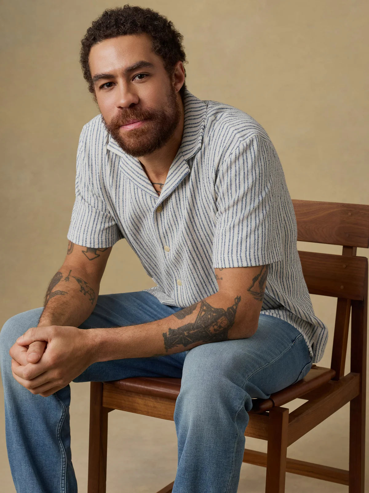 SS Oasis Camp Shirt - Shore Navy Stripe, textured striped jacquard knit by FAHERTY from HCO Men's Shirts