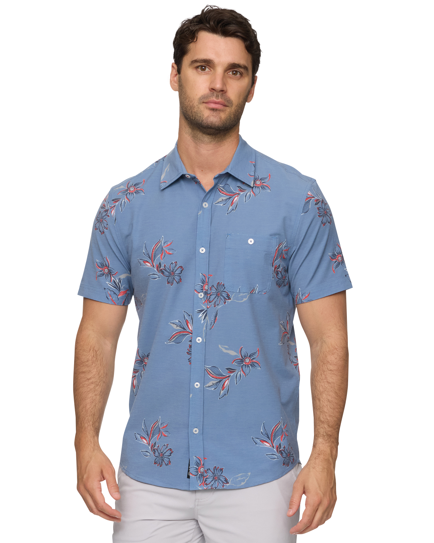 Ridgely SS Floral Print Outdoor Performance Shirt in blue with stretch and moisture wicking by FLAG & ANTHEM