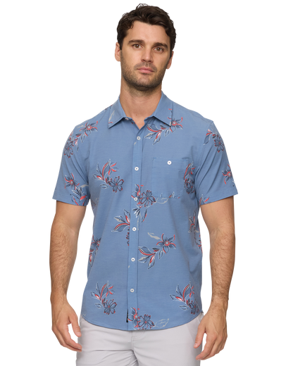 Ridgely SS Floral Print Outdoor Performance Shirt in blue with stretch and moisture wicking by FLAG & ANTHEM