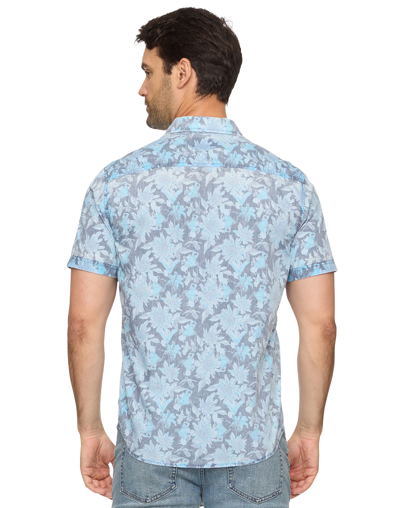 Hinesburg SS Floral Vintage Soft Shirt in blue tones, handwritten vintage wash, Fredericksburg boutique