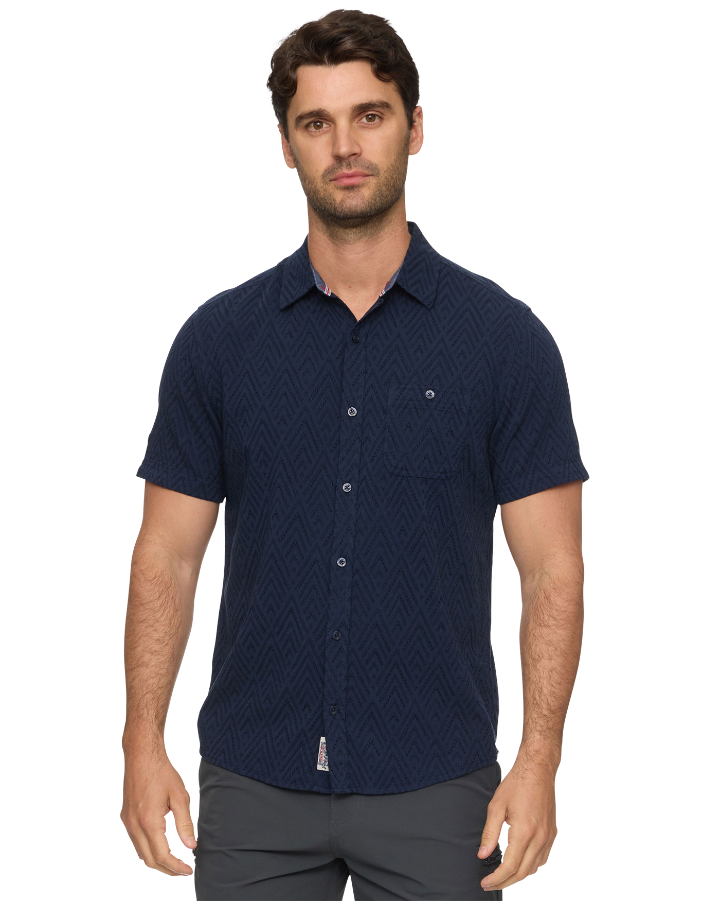 Faywood SS Textured Shirt in navy blue geometric pattern, breathable cotton blend by FLAG & ANTHEM