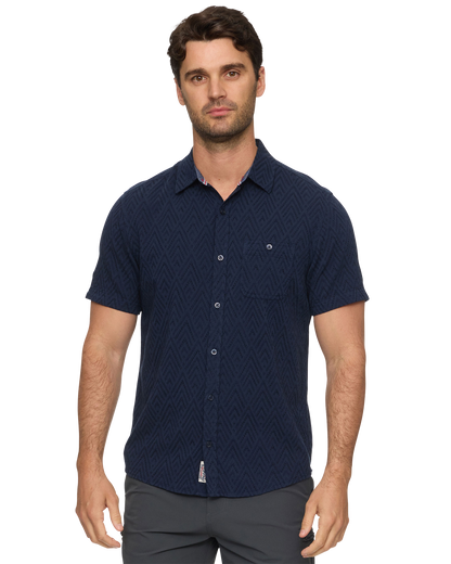 Faywood SS Textured Shirt in navy blue geometric pattern, breathable cotton blend by FLAG & ANTHEM